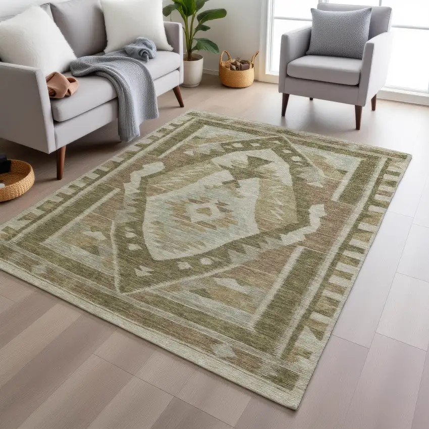 Linen Ivory And Brown Tribal Washable Indoor Outdoor Area Rug Photo 7