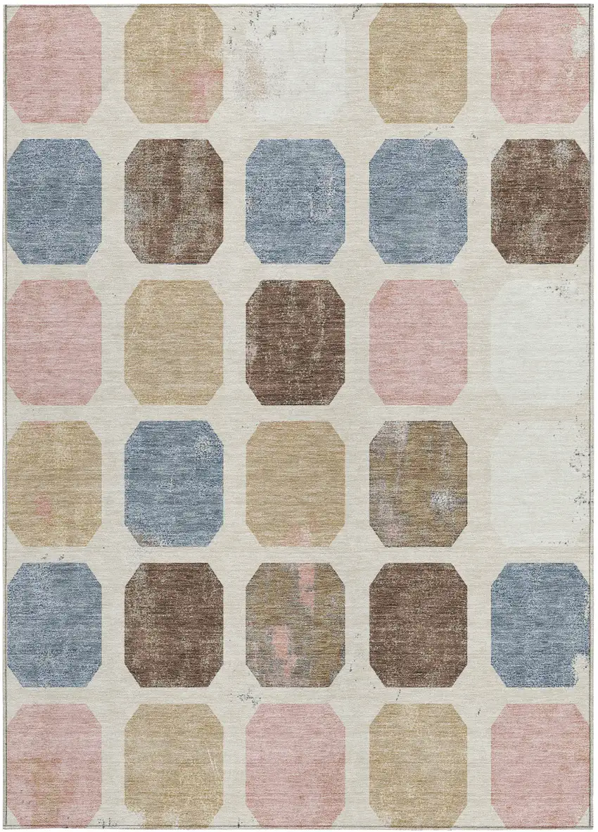 Linen Ivory And Denim Blue Geometric Washable Indoor Outdoor Area Rug Photo 3