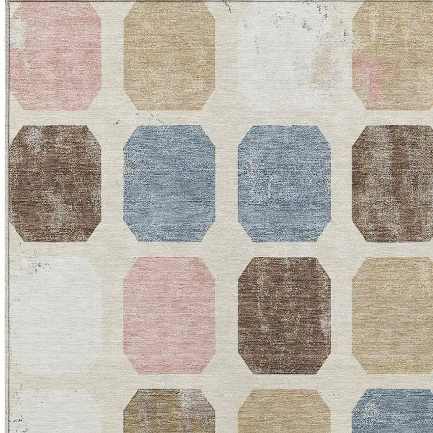 Linen Ivory And Denim Blue Geometric Washable Indoor Outdoor Area Rug Photo 4