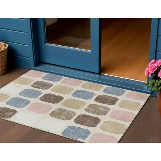 Linen Ivory And Denim Blue Geometric Washable Indoor Outdoor Area Rug Photo 2