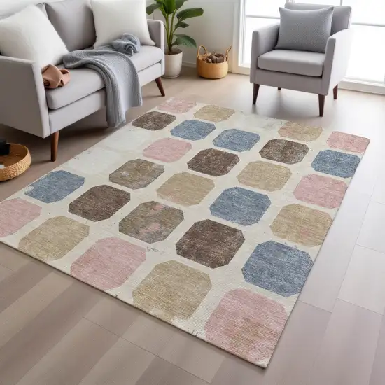 Linen Ivory And Denim Blue Geometric Washable Indoor Outdoor Area Rug Photo 7