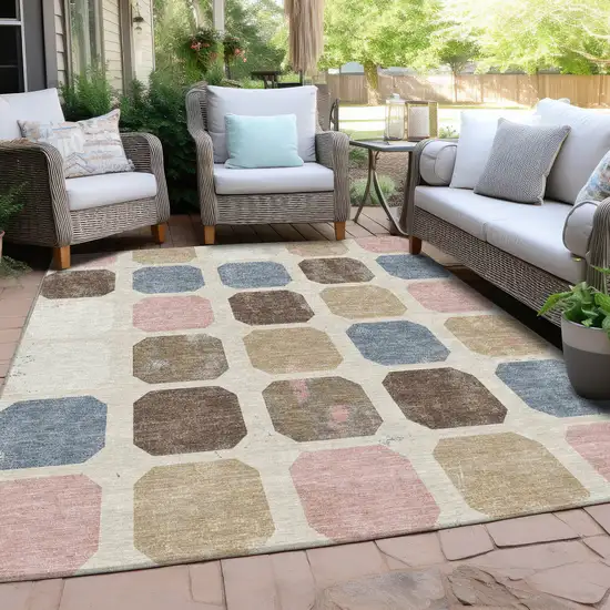 Linen Ivory And Denim Blue Geometric Washable Indoor Outdoor Area Rug Photo 6