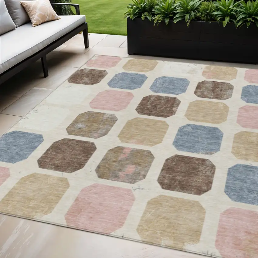 Linen Ivory And Denim Blue Geometric Washable Indoor Outdoor Area Rug Photo 2