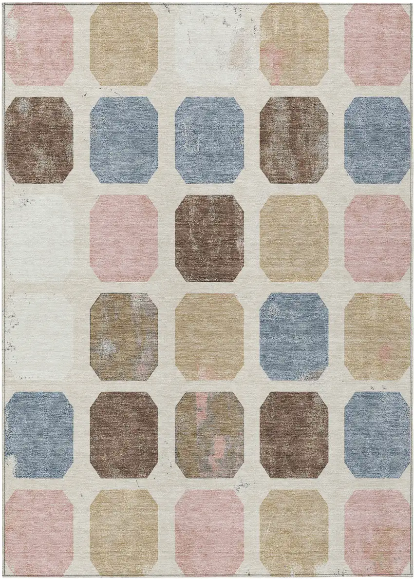 Linen Ivory And Denim Blue Geometric Washable Indoor Outdoor Area Rug Photo 1