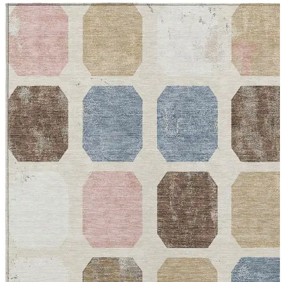 Linen Ivory And Denim Blue Geometric Washable Indoor Outdoor Area Rug Photo 4