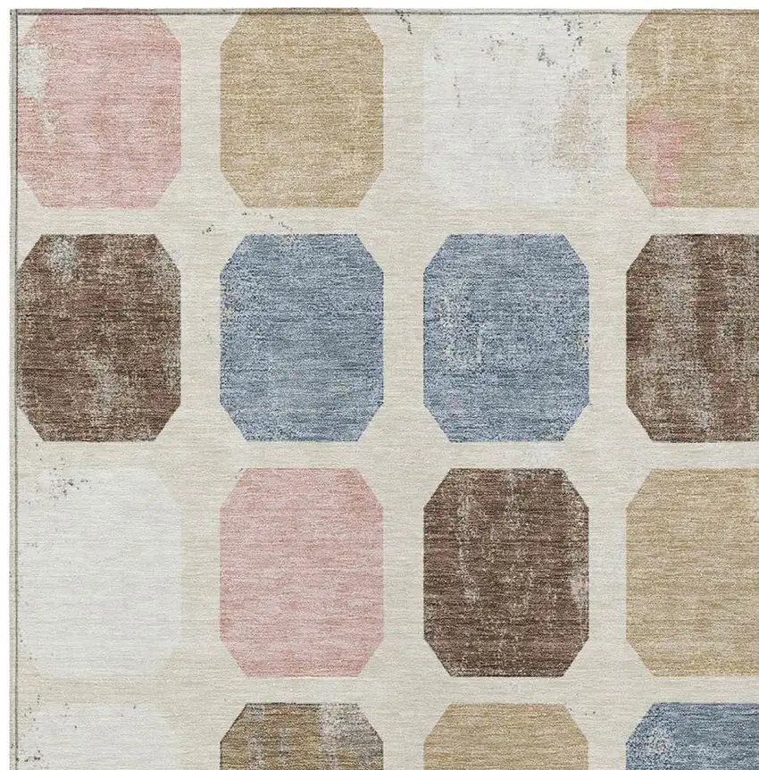 Linen Ivory And Denim Blue Geometric Washable Indoor Outdoor Area Rug Photo 4