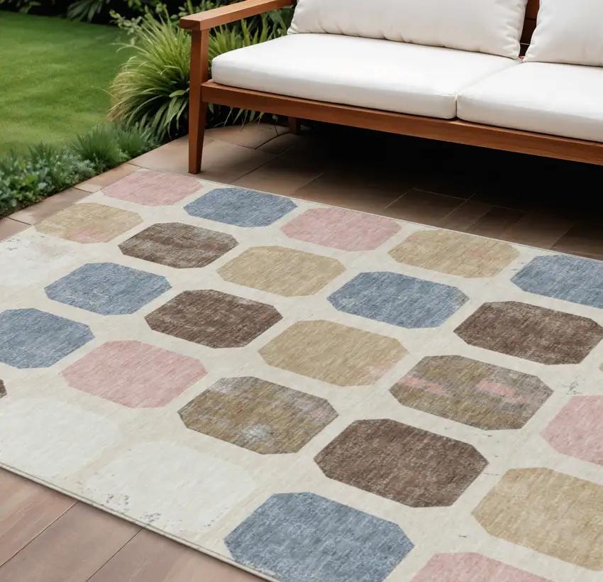 Linen Ivory And Denim Blue Geometric Washable Indoor Outdoor Area Rug Photo 2