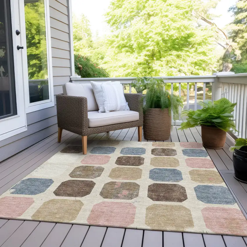 Linen Ivory And Denim Blue Geometric Washable Indoor Outdoor Area Rug Photo 9