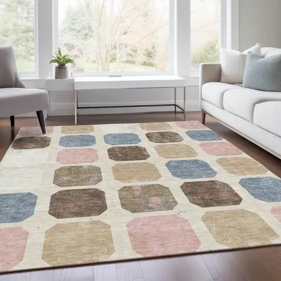 Linen Ivory And Denim Blue Geometric Washable Indoor Outdoor Area Rug Photo 8