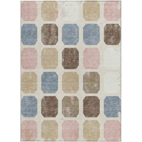 Linen Ivory And Denim Blue Geometric Washable Indoor Outdoor Area Rug Photo 4