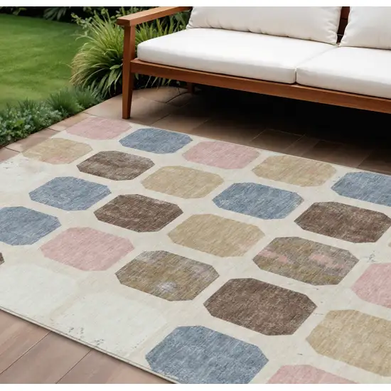 Linen Ivory And Denim Blue Geometric Washable Indoor Outdoor Area Rug Photo 2