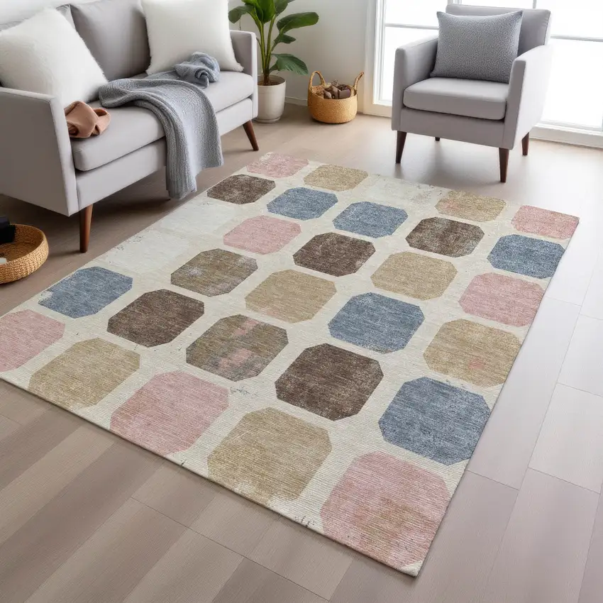 Linen Ivory And Denim Blue Geometric Washable Indoor Outdoor Area Rug Photo 7