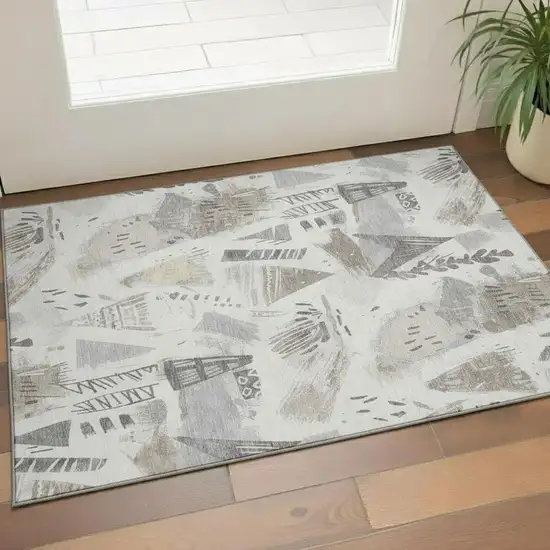 Linen Ivory And Gray Geometric Washable Area Rug With UV Protection Photo 2
