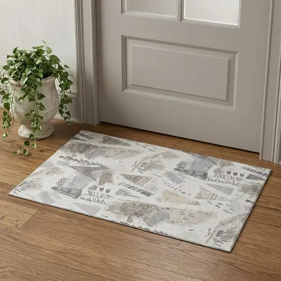 Linen Ivory And Gray Geometric Washable Area Rug With UV Protection Photo 1