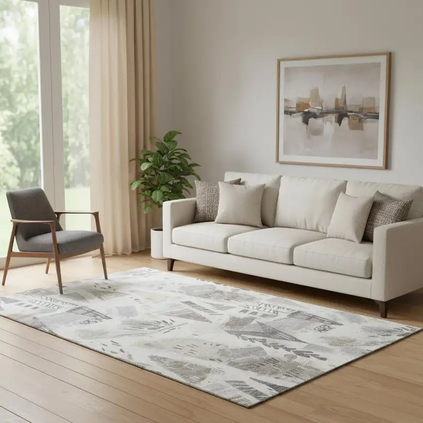 Linen Ivory And Gray Geometric Washable Area Rug With UV Protection Photo 2