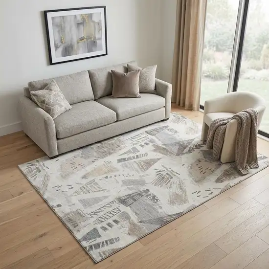 Linen Ivory And Gray Geometric Washable Area Rug With UV Protection Photo 1
