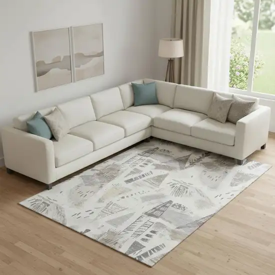 Linen Ivory And Gray Geometric Washable Area Rug With UV Protection Photo 2