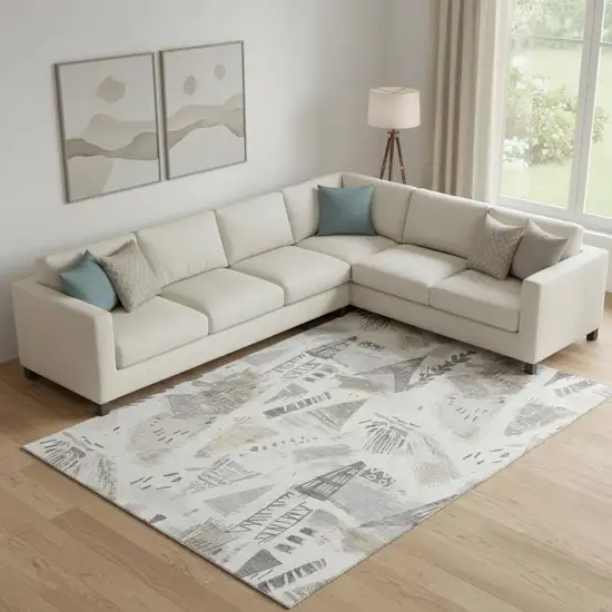 Linen Ivory And Gray Geometric Washable Area Rug With UV Protection Photo 2