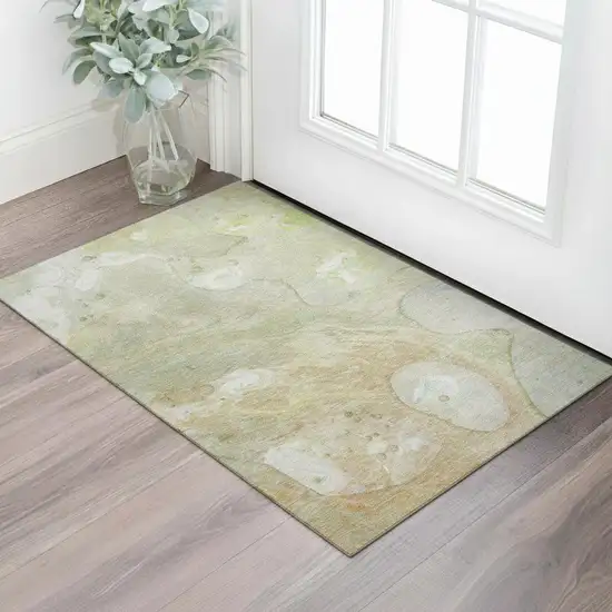 Linen Ivory And Green Abstract Washable Area Rug With UV Protection Photo 2