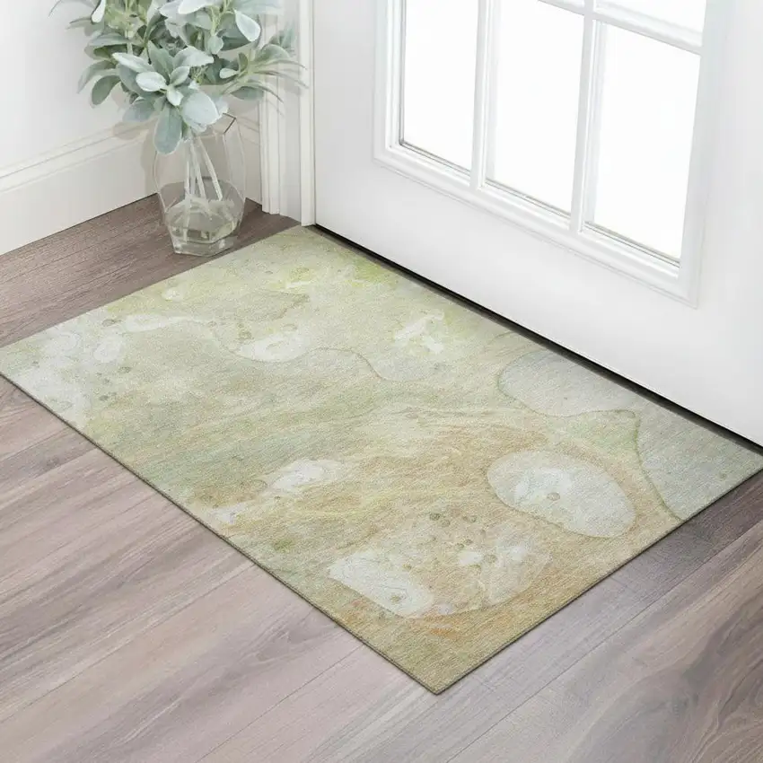 Linen Ivory And Green Abstract Washable Area Rug With UV Protection Photo 2