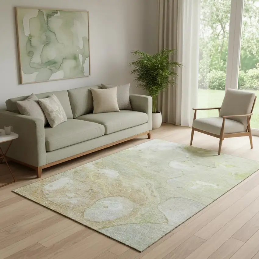 Linen Ivory And Green Abstract Washable Area Rug With UV Protection Photo 2