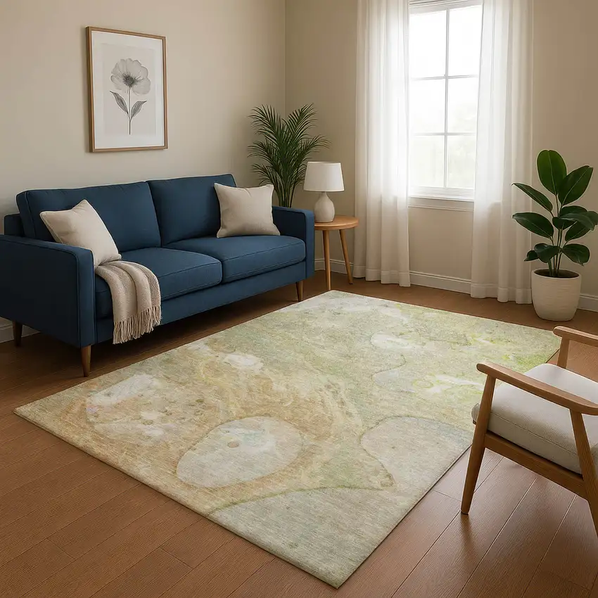 Linen Ivory And Green Abstract Washable Area Rug With UV Protection Photo 5