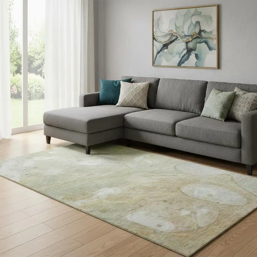 Linen Ivory And Green Abstract Washable Area Rug With UV Protection Photo 2