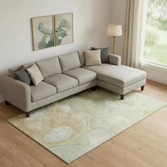 Linen Ivory And Green Abstract Washable Area Rug With UV Protection Photo 2