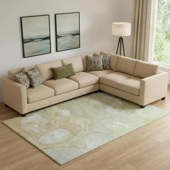 Linen Ivory And Green Abstract Washable Area Rug With UV Protection Photo 2