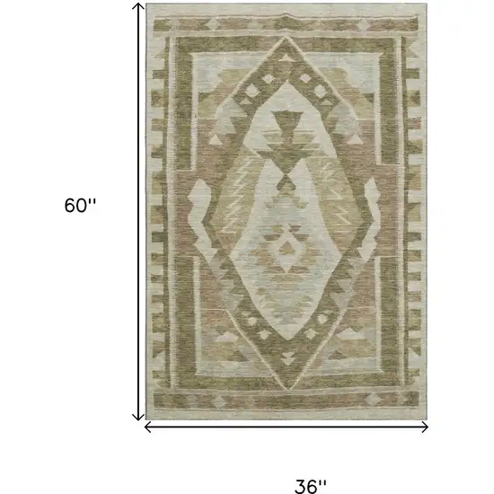Linen Ivory And Khaki Tribal Washable Area Rug With UV Protection Photo 9