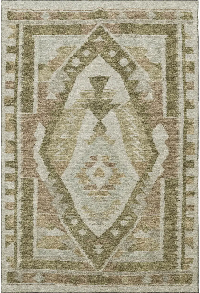 Linen Ivory And Khaki Tribal Washable Area Rug With UV Protection Photo 4