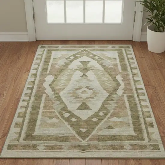 Linen Ivory And Khaki Tribal Washable Area Rug With UV Protection Photo 2