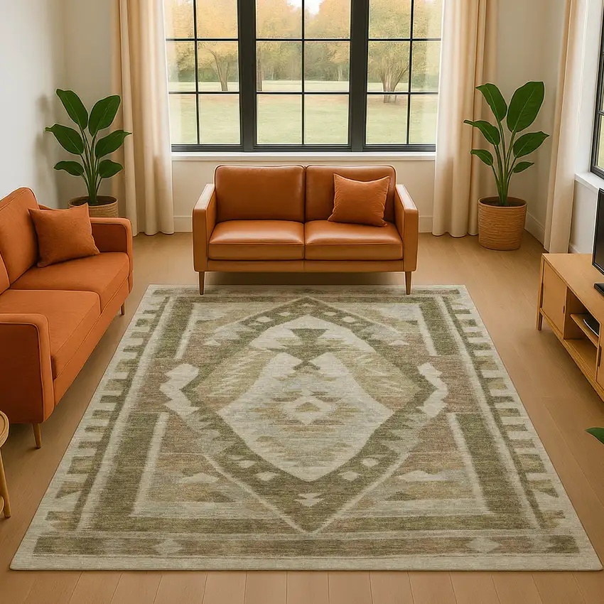 Linen Ivory And Khaki Tribal Washable Area Rug With UV Protection Photo 5