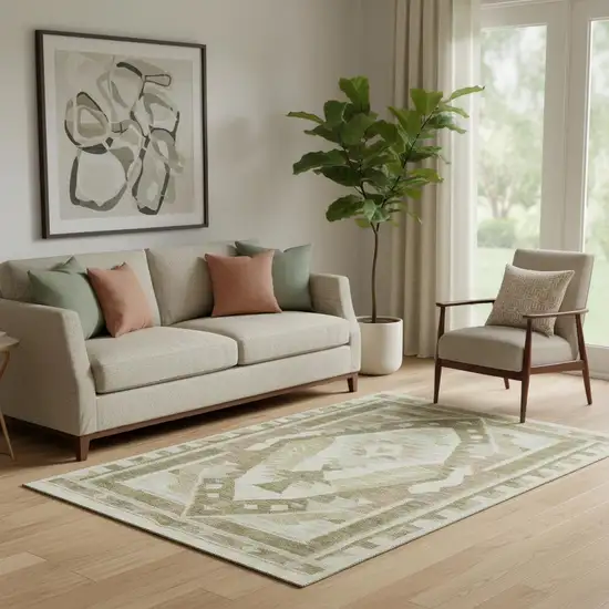 Linen Ivory And Khaki Tribal Washable Area Rug With UV Protection Photo 2