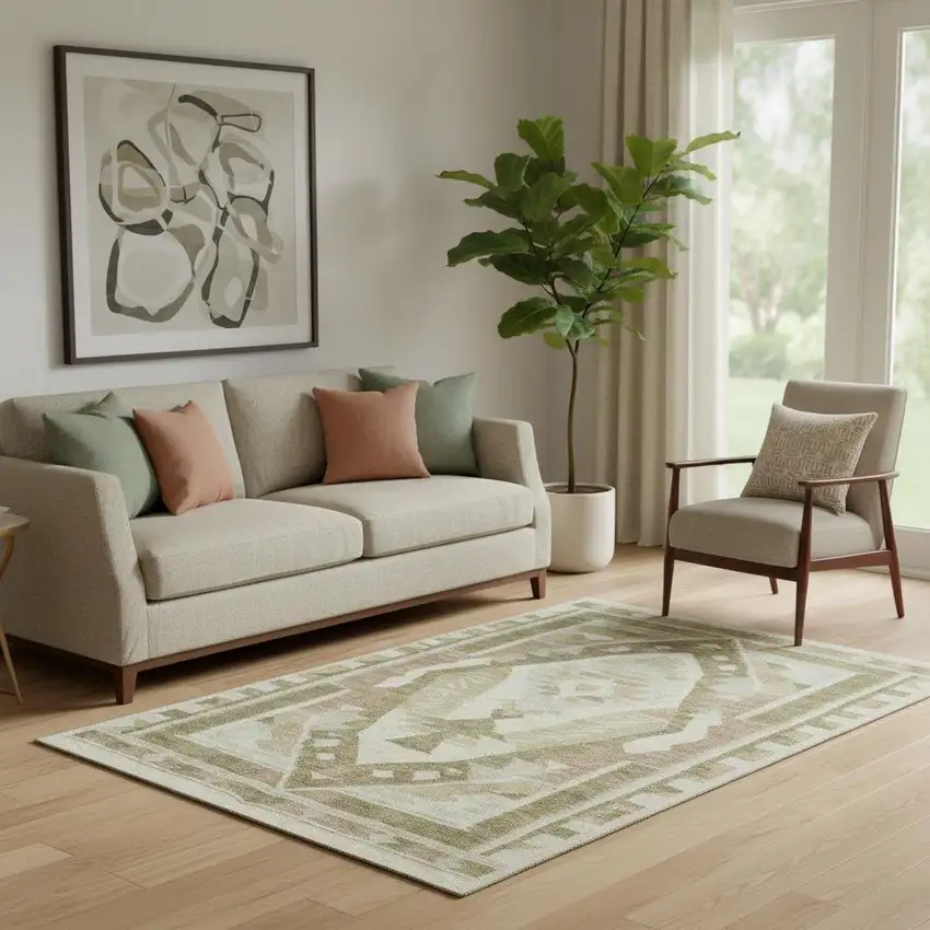 Linen Ivory And Khaki Tribal Washable Area Rug With UV Protection Photo 2