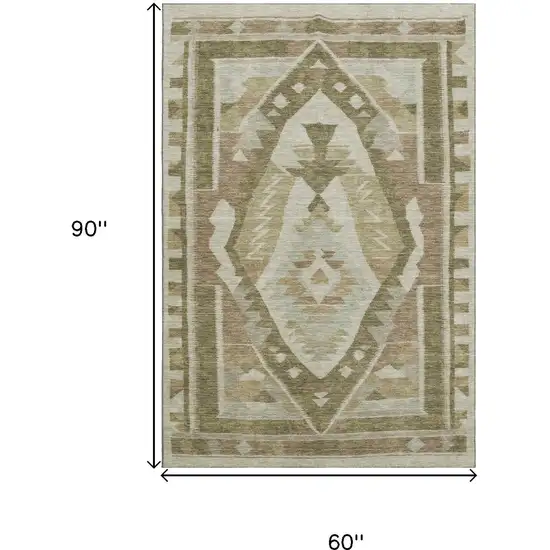 Linen Ivory And Khaki Tribal Washable Area Rug With UV Protection Photo 9
