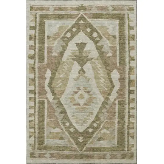 Linen Ivory And Khaki Tribal Washable Area Rug With UV Protection Photo 4