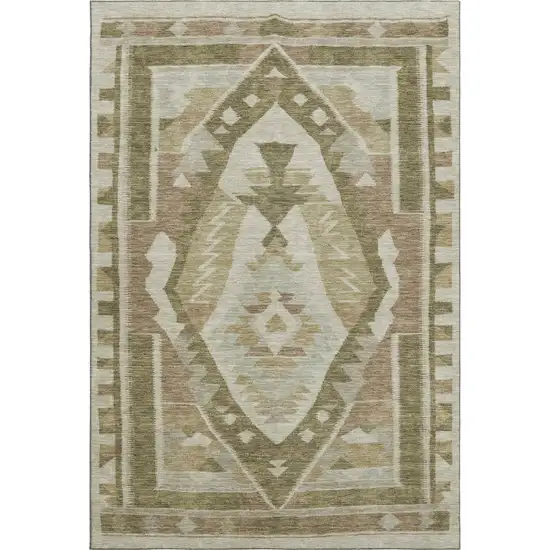 Linen Ivory And Khaki Tribal Washable Area Rug With UV Protection Photo 1