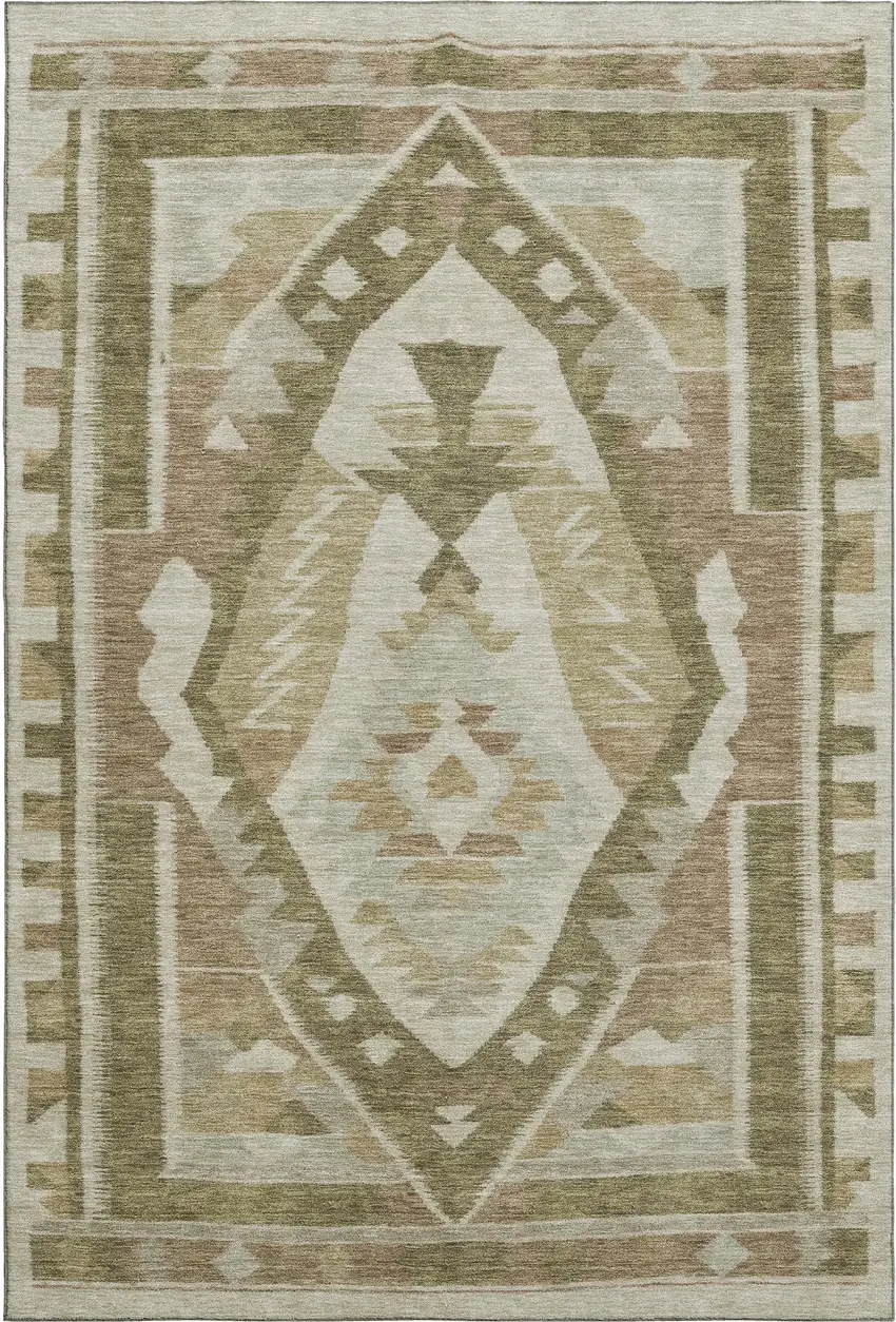Linen Ivory And Khaki Tribal Washable Area Rug With UV Protection Photo 1