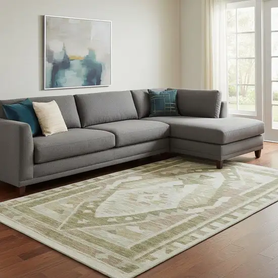 Linen Ivory And Khaki Tribal Washable Area Rug With UV Protection Photo 2