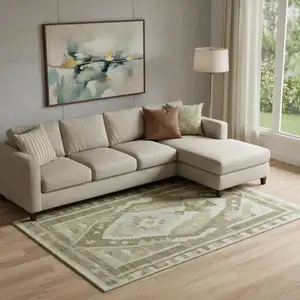 Photo of Linen Ivory And Khaki Tribal Washable Area Rug With UV Protection