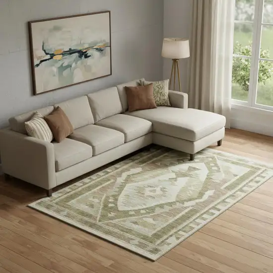 Linen Ivory And Khaki Tribal Washable Area Rug With UV Protection Photo 2