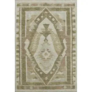 Photo of Linen Ivory And Khaki Tribal Washable Area Rug With UV Protection