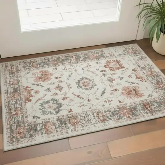 Linen Ivory And Salmon Oriental Washable Area Rug With UV Protection Photo 2