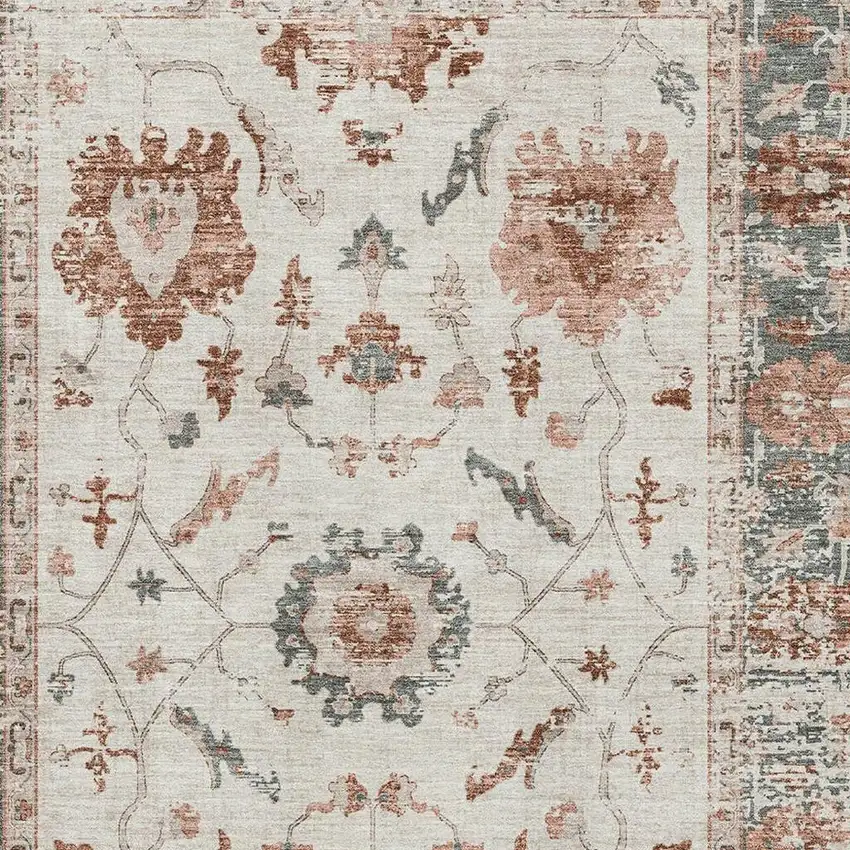 Linen Ivory And Salmon Oriental Washable Area Rug With UV Protection Photo 3