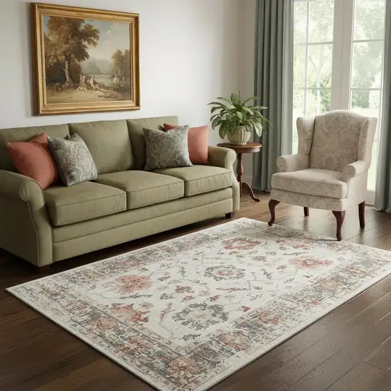 Linen Ivory And Salmon Oriental Washable Area Rug With UV Protection Photo 2