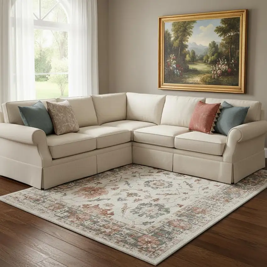 Linen Ivory And Salmon Oriental Washable Area Rug With UV Protection Photo 2