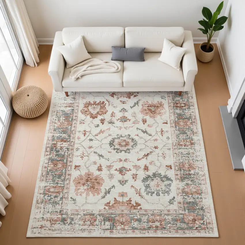 Linen Ivory And Salmon Oriental Washable Area Rug With UV Protection Photo 5