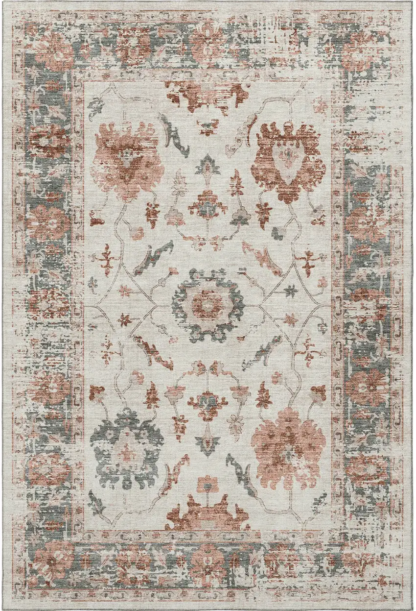 Linen Ivory And Salmon Oriental Washable Area Rug With UV Protection Photo 4