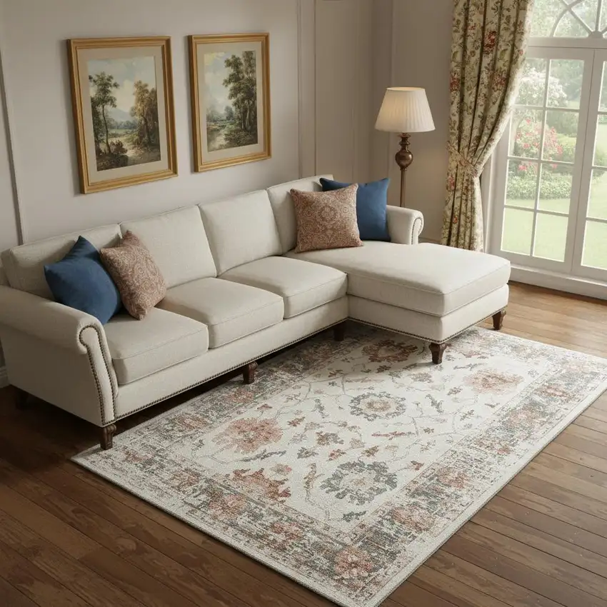 Linen Ivory And Salmon Oriental Washable Area Rug With UV Protection Photo 2